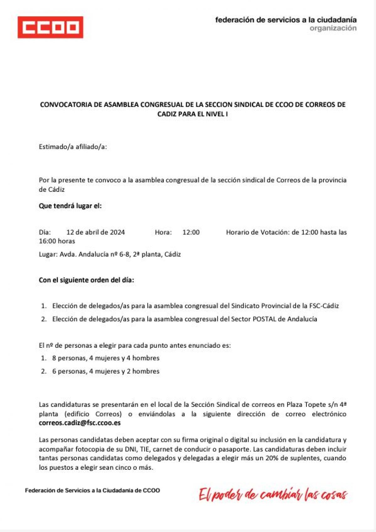 ASAMBLEA SECCIN SINDICAL CCOO-CORREOS CDIZ