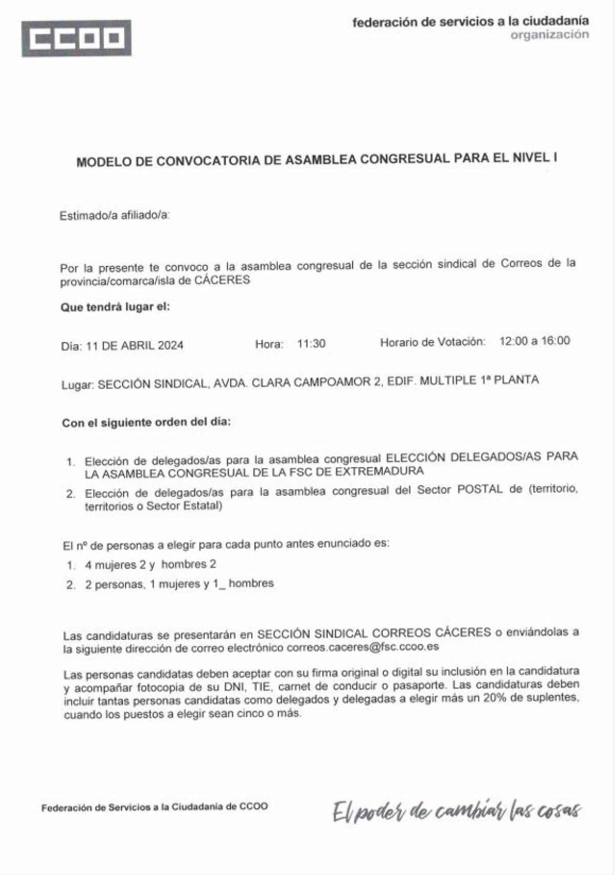 ASAMBLEA SECCIN SINDICAL CCOO-CORREOS CCERES