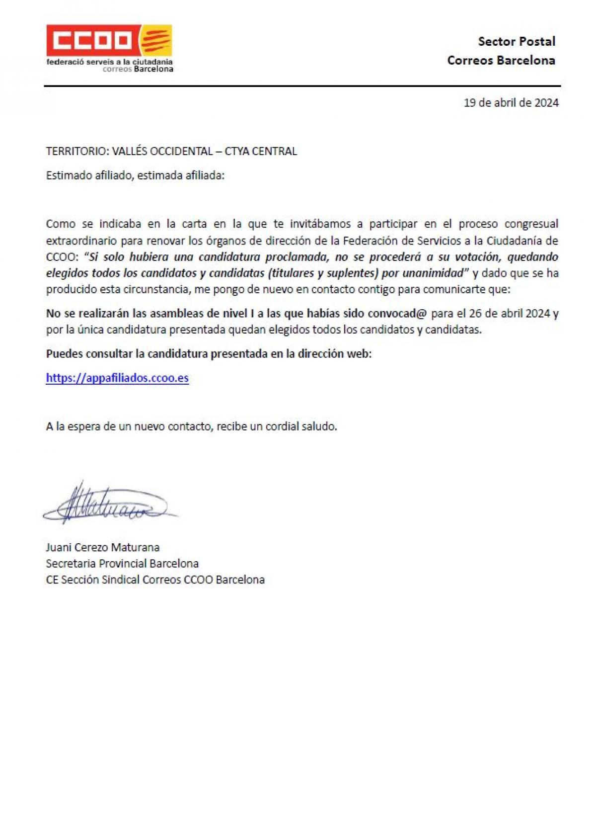 Proclamadas candidaturas Asamblea NI Seccin Sindical Comarca del Baix Llobregat - Alt Peneds - Garraf - Anoia (Barcelona)