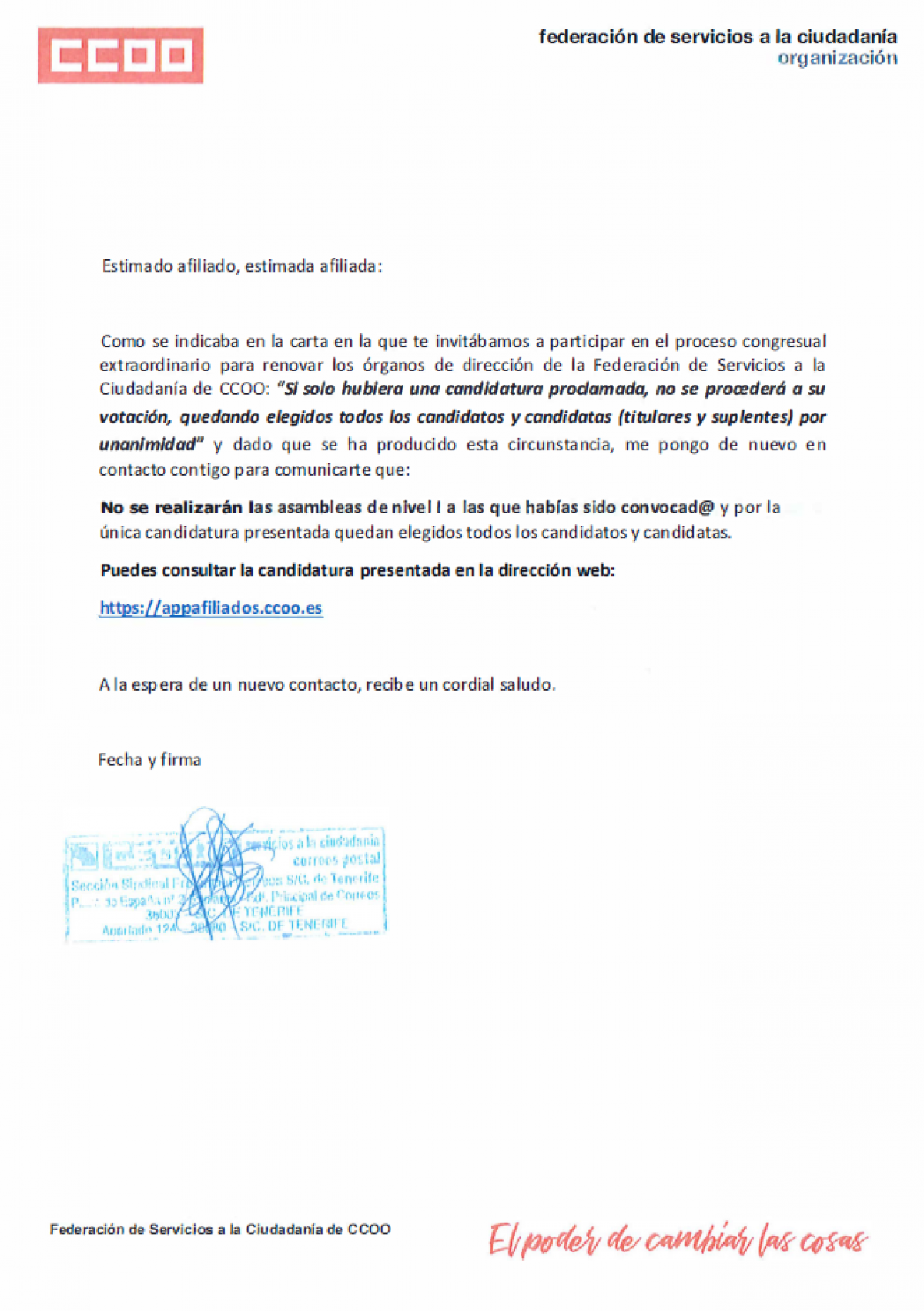 Proclamadas candidaturas Asamblea NI Seccin Sindical La Palma