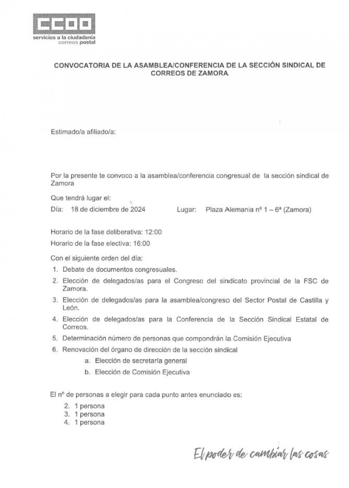 ASAMBLEAS/CONFERENCIA SECCIN SINDICAL CCOO-CORREOS ZAMORA