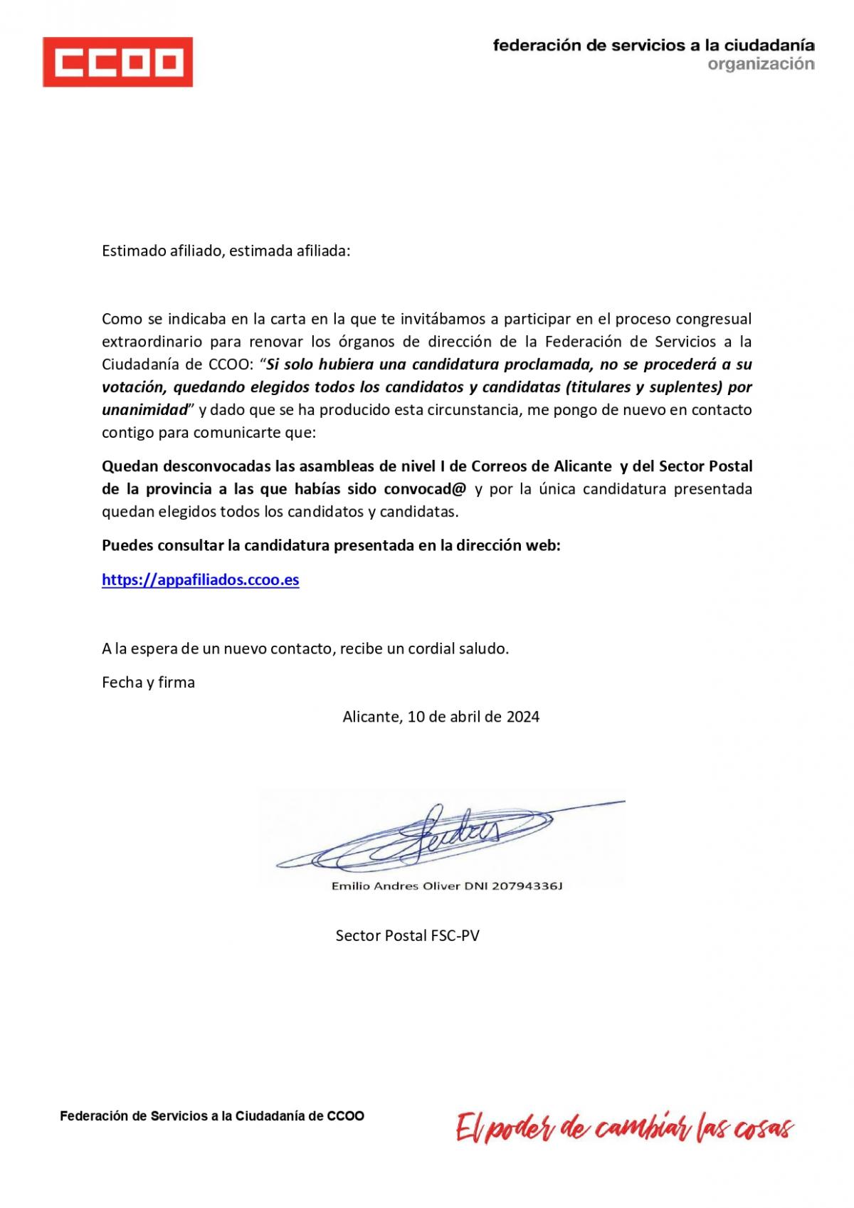 Proclamadas candidaturas Asamblea NI Seccin Sindical Alicante