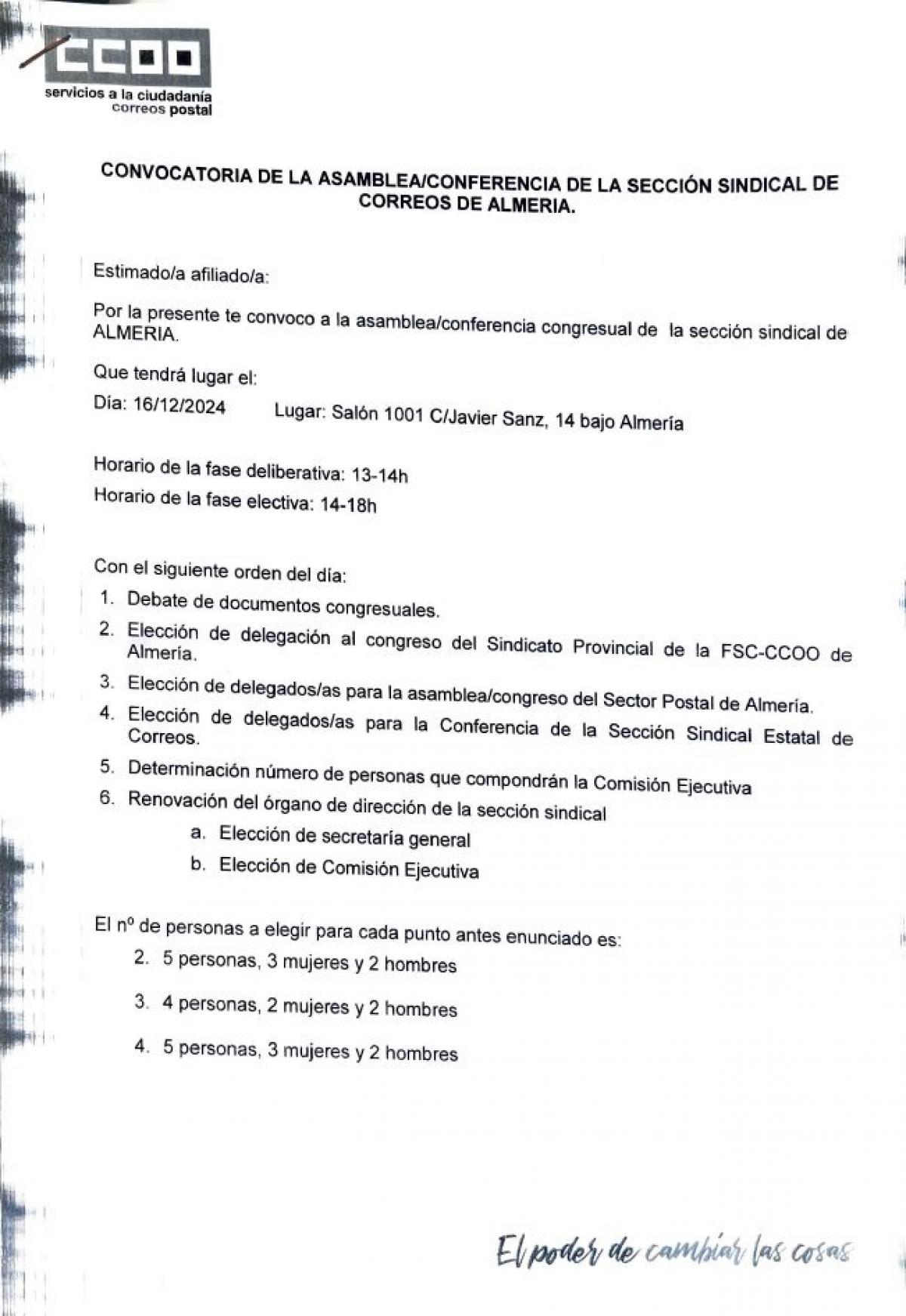 ASAMBLEA/CONFERENCIA SECCIN SINDICAL CCOO-CORREOS ALMERA