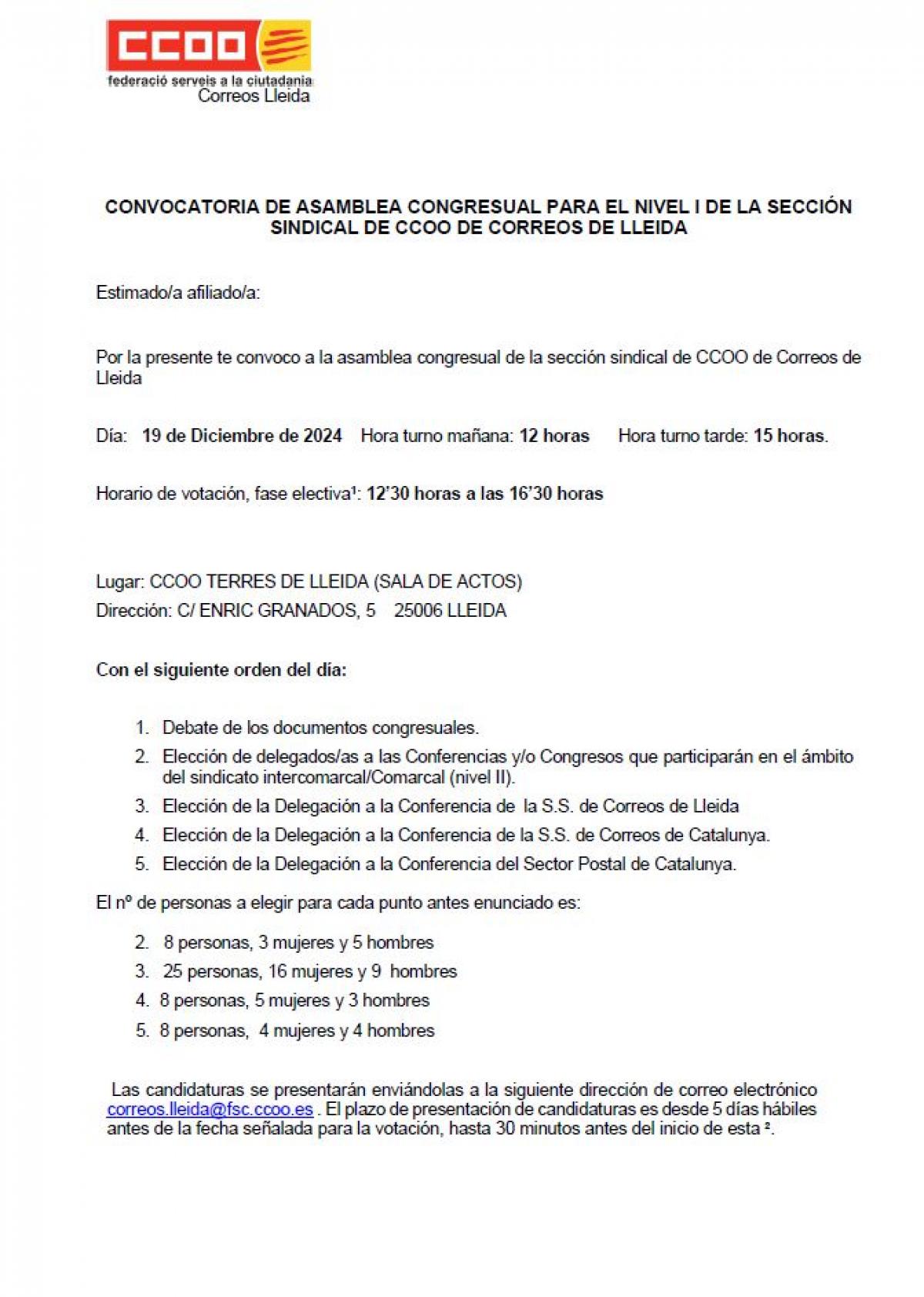 ASAMBLEAS/CONFERENCIA SECCIN SINDICAL CCOO-CORREOS LLEIDA