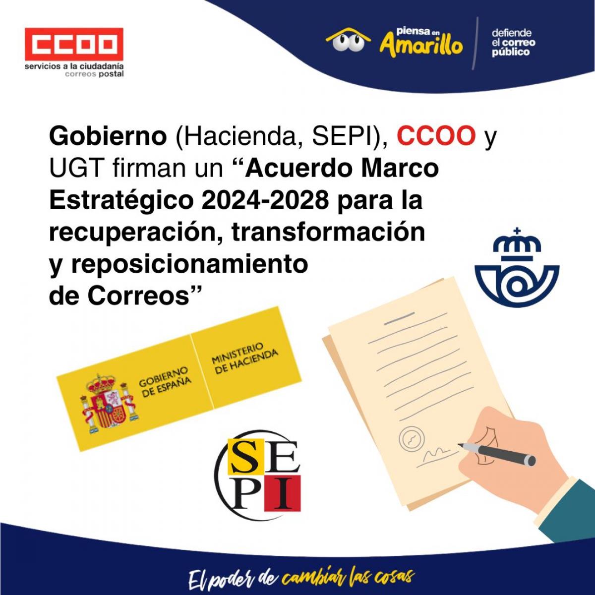 Gobierno (Hacienda, SEPI), CCOO y UGT firman un "Acuerdo Marco Estratgico 2024-2028 para la recuperacin, transformacin y reposicionamiento de Correos"