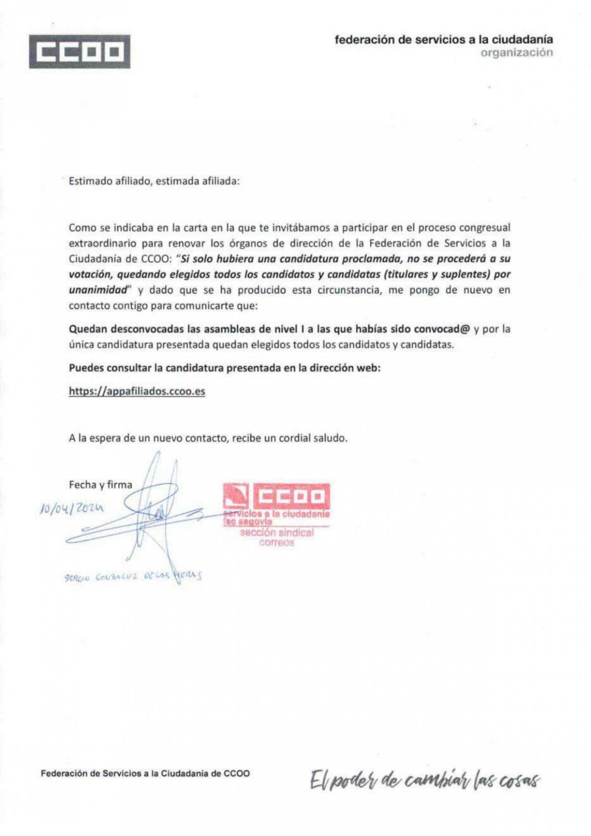 Proclamadas candidaturas Asamblea NI Seccin Sindical Segovia