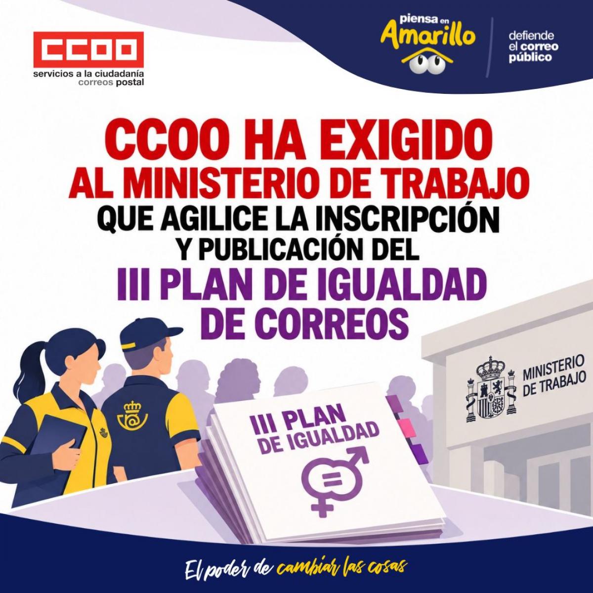 CCOO ha exigido al Ministerio de Trabajo que agilice la inscripción y publicación del III Plan de Igualdad de Correos