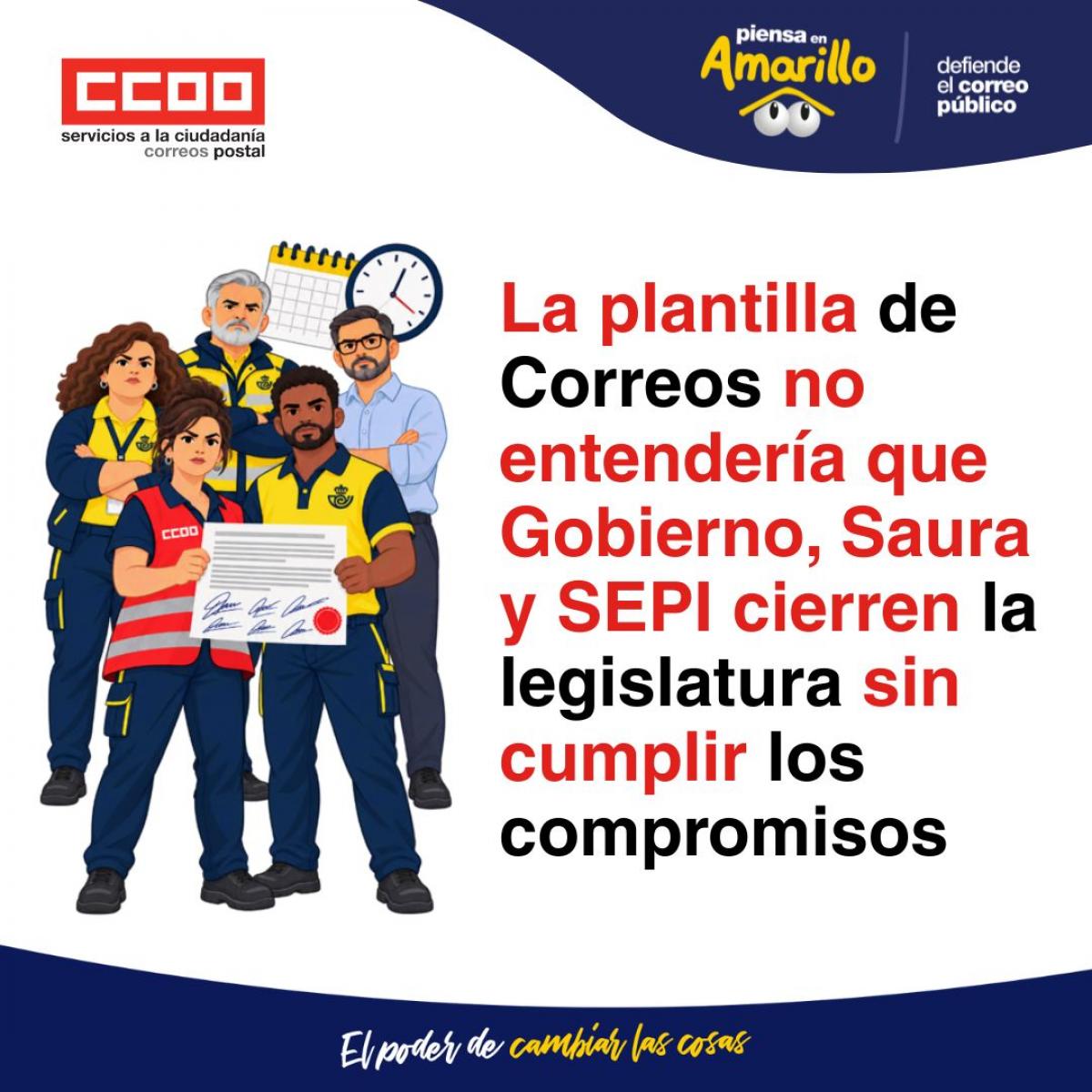 La plantilla de Correos no entendería que Gobierno, Saura y SEPI cierren la legislatura sin cumplir los compromisos adquiridos con ella