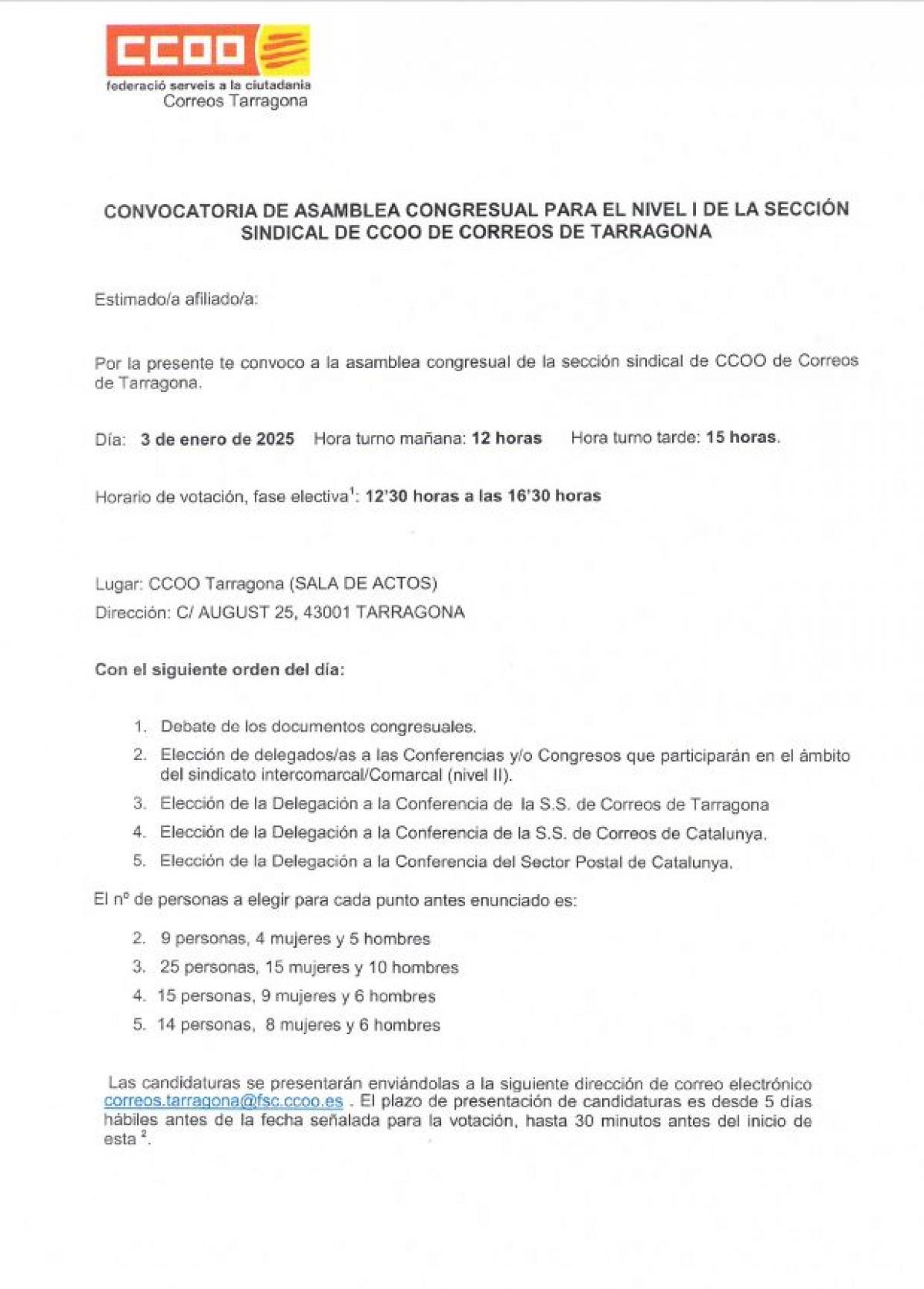 ASAMBLEAS/CONFERENCIA SECCIN SINDICAL CCOO-CORREOS TARRAGONA