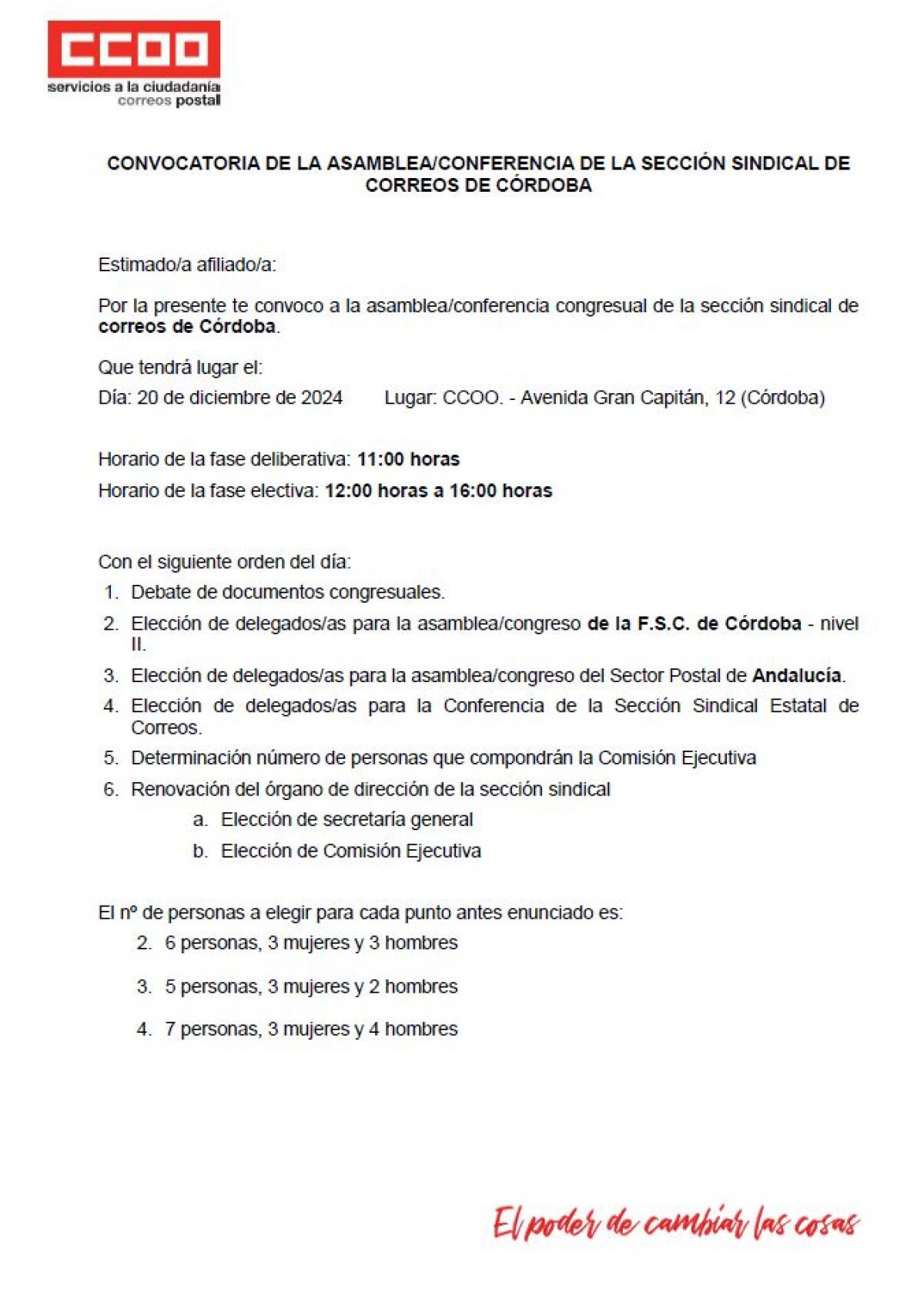 ASAMBLEAS/CONFERENCIA SECCIN SINDICAL CCOO-CORREOS CRDOBA