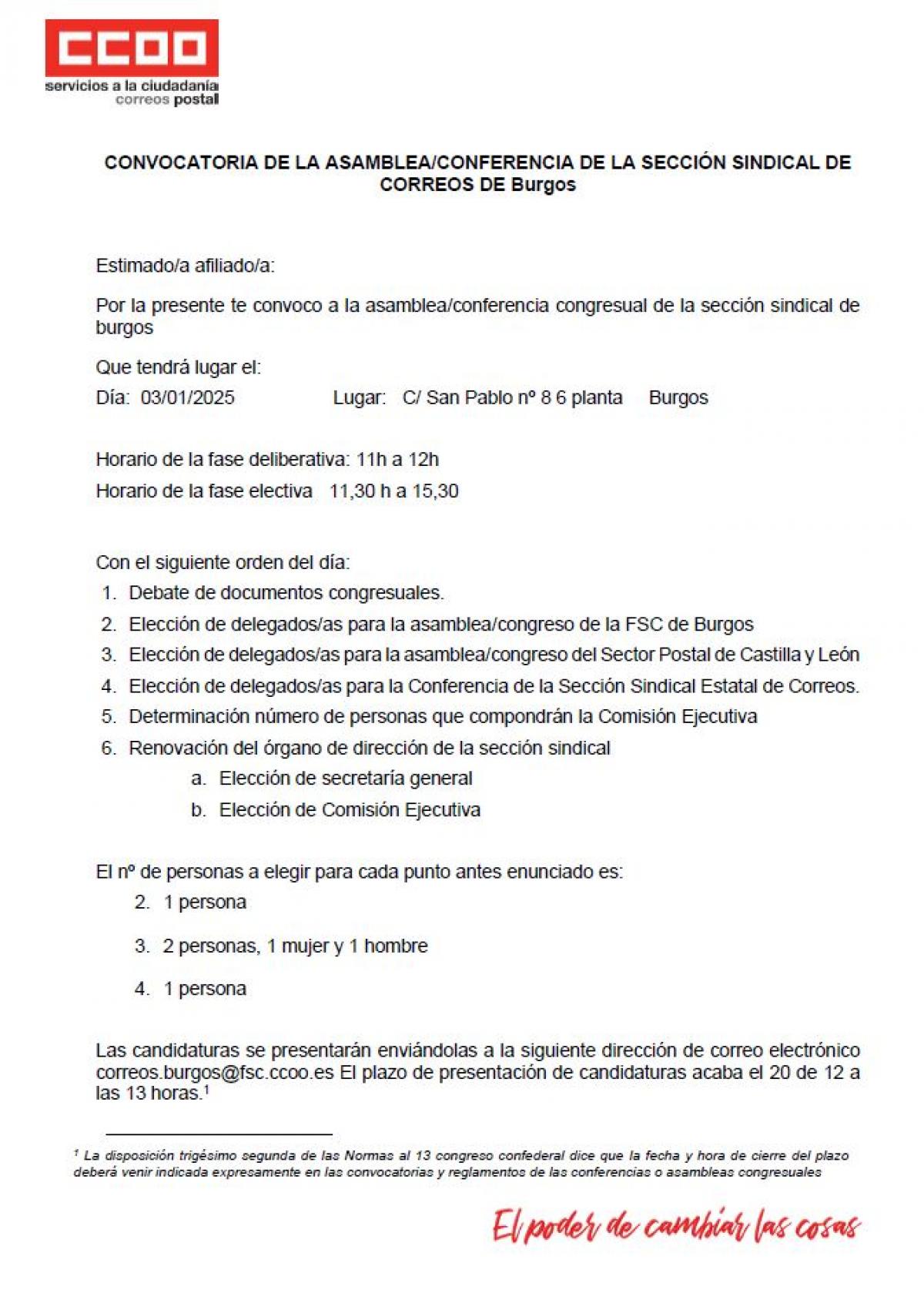 ASAMBLEAS/CONFERENCIA SECCIN SINDICAL CCOO-CORREOS BURGOS