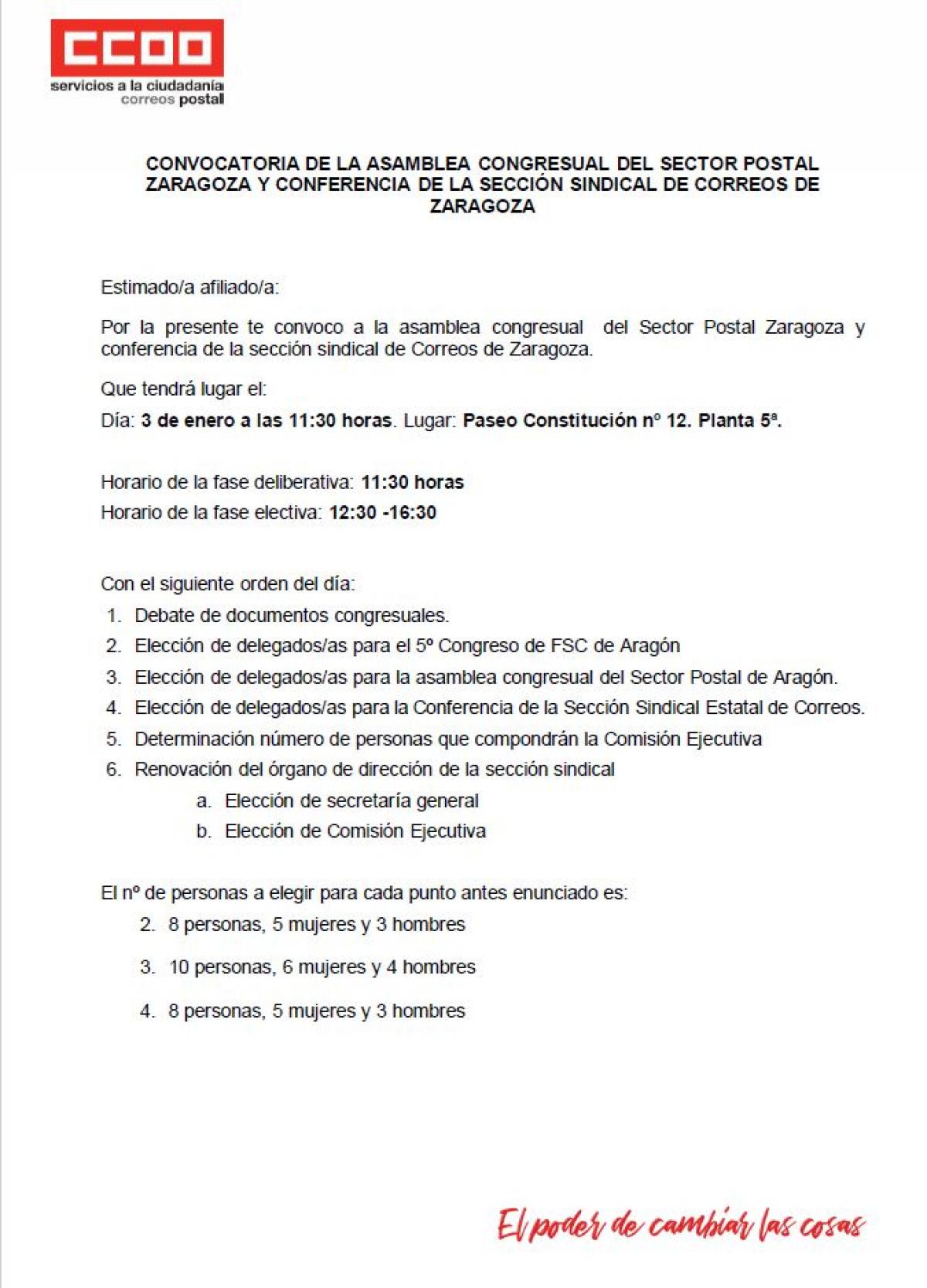 ASAMBLEAS/CONFERENCIA SECCIN SINDICAL CCOO-CORREOS ZARAGOZA