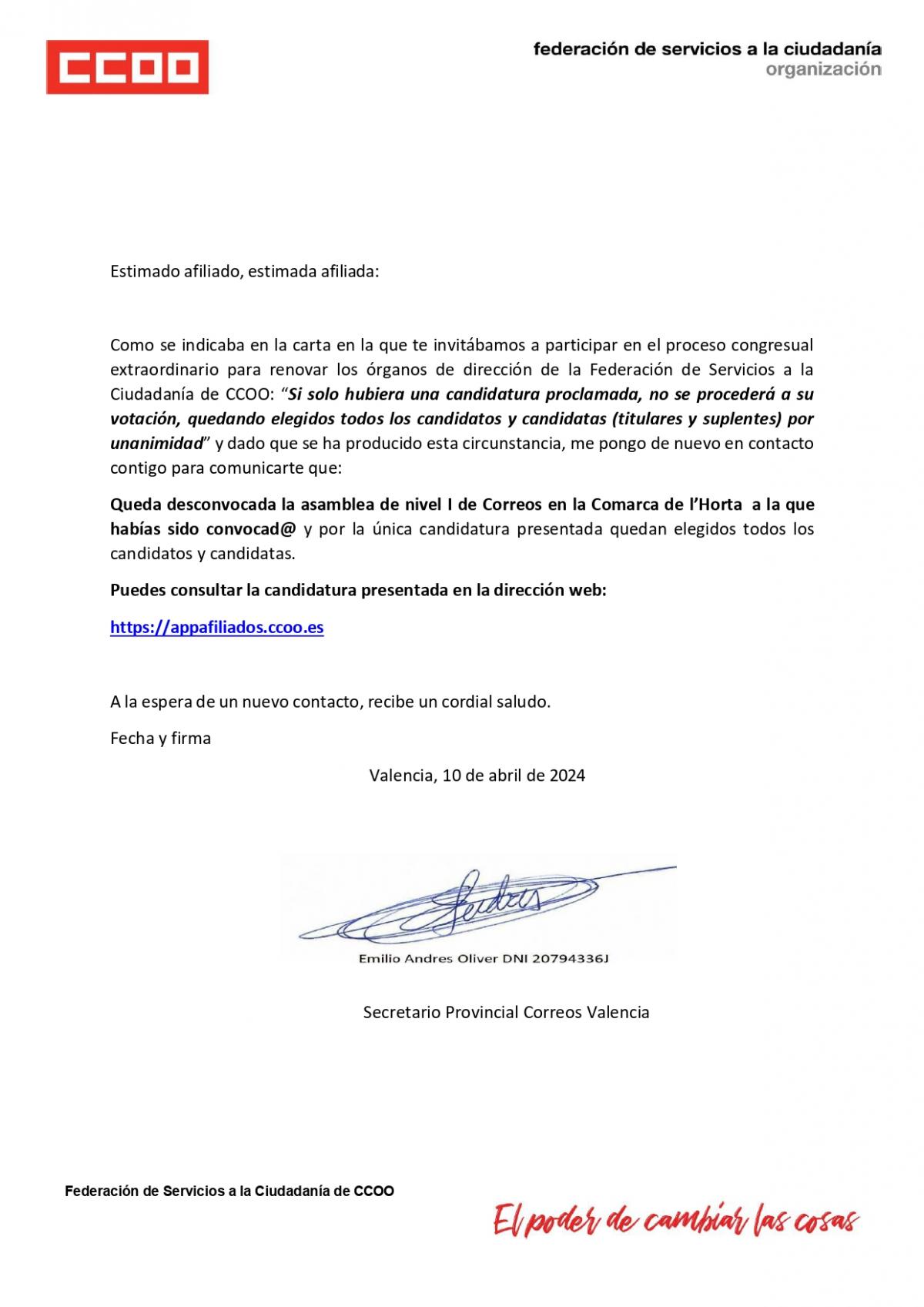 Proclamadas candidaturas Asamblea NI Seccin Sindical Comarca L`Horta