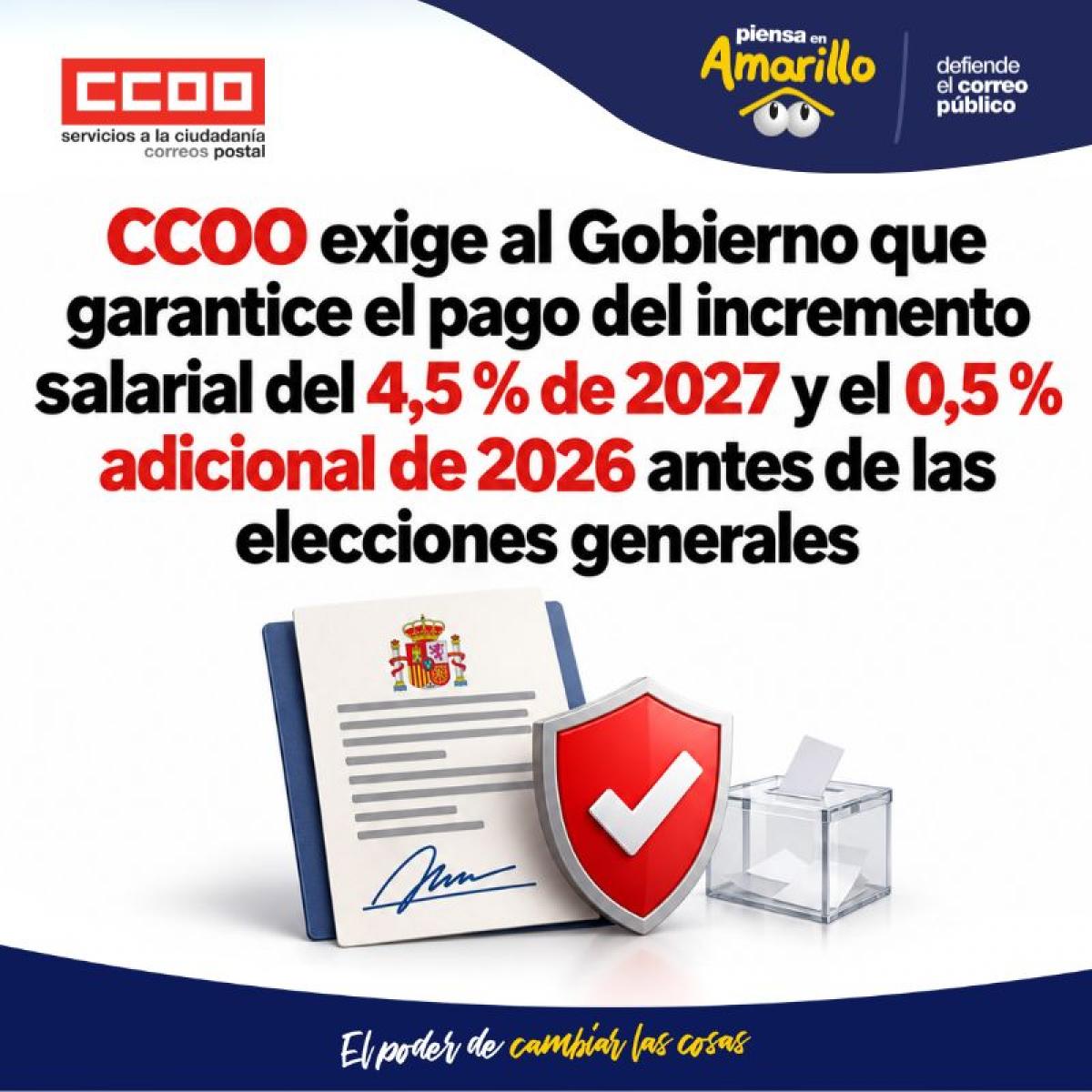CCOO exige al Gobierno que garantice el pago del incremento salarial del 4,5 % de 2027 y el 0,5 % adicional de 2026 antes de las elecciones generales