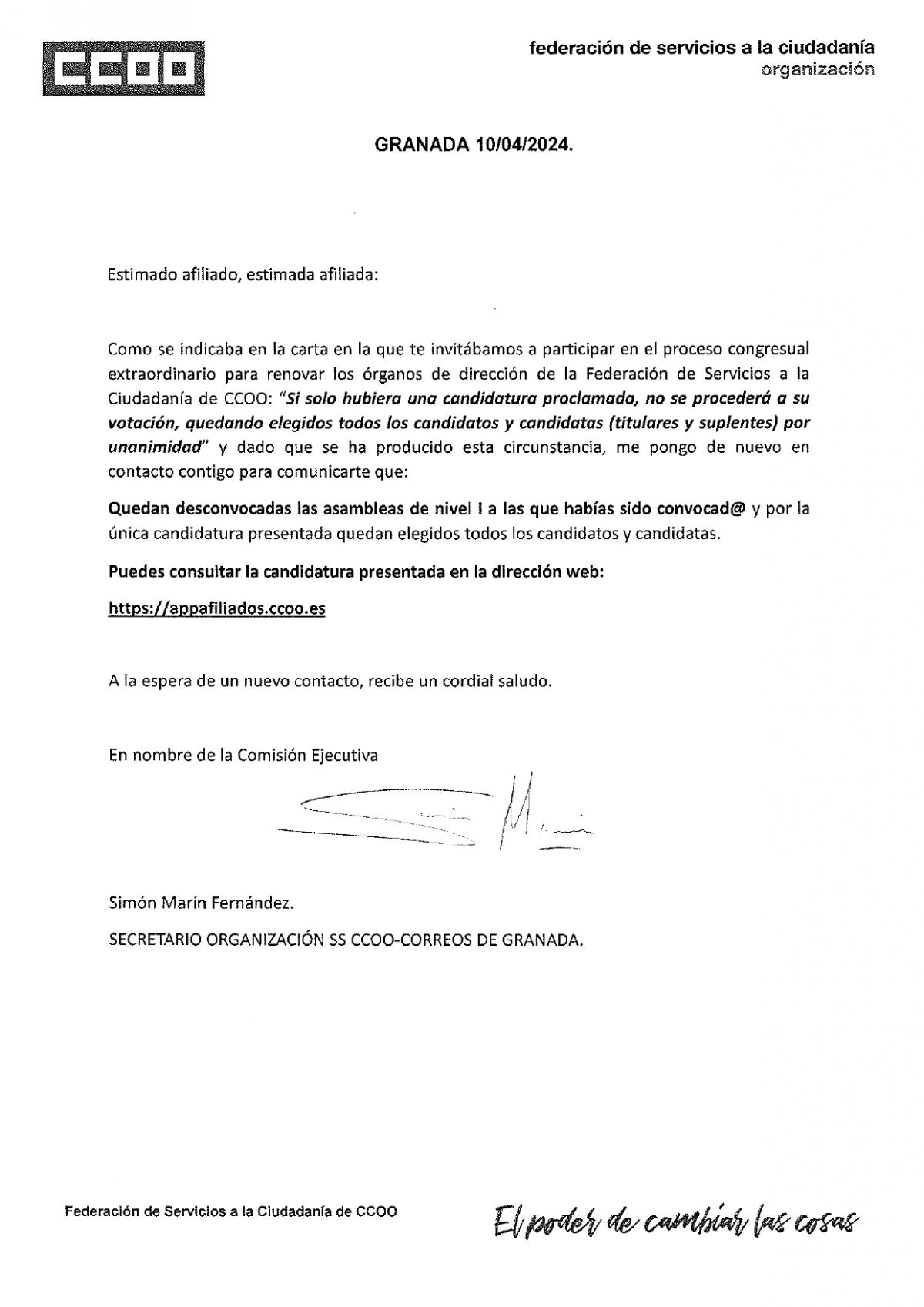 Proclamadas candidaturas Asamblea NI Seccin Sindical Granada