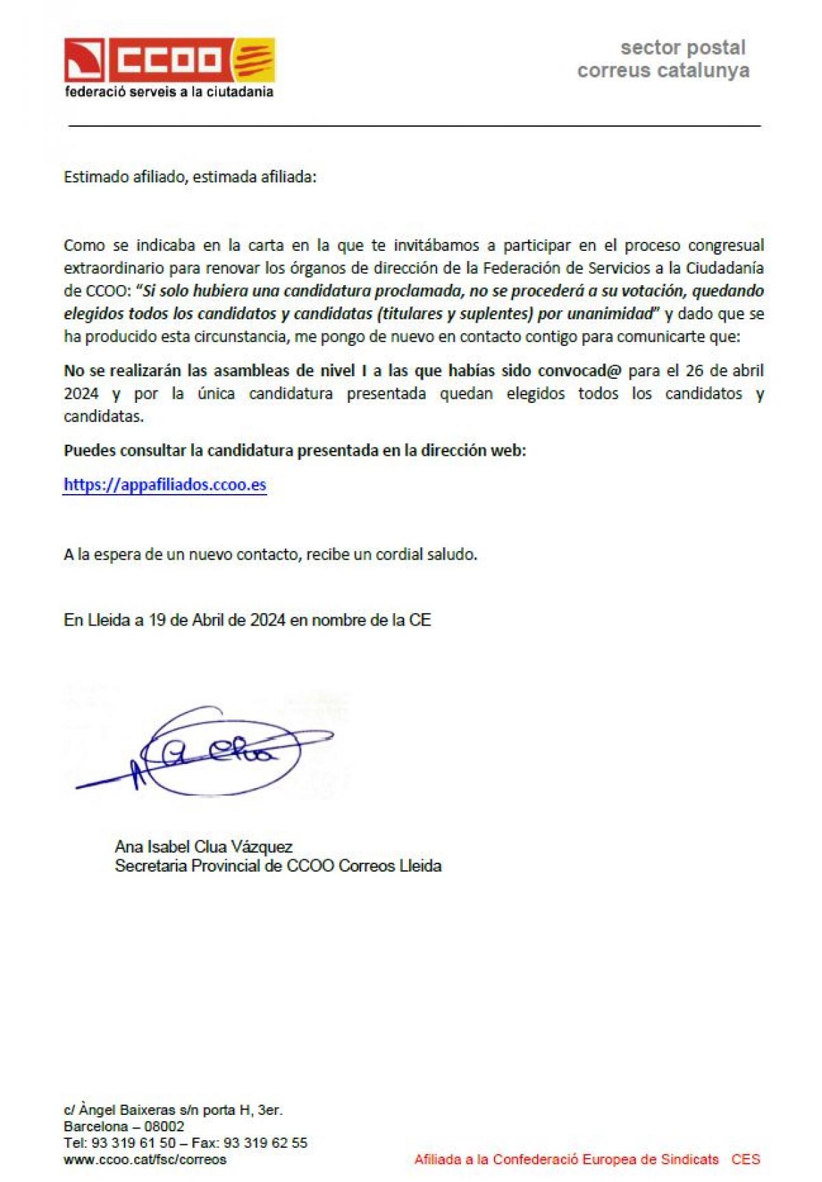 Proclamadas candidaturas Asamblea NI Seccin Sindical Lleida