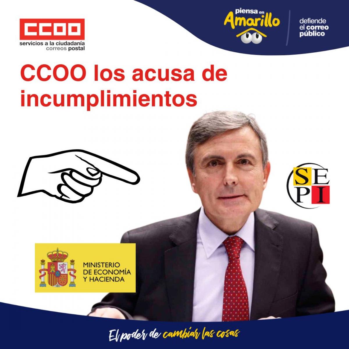 CCOO acusa al presidente de Correos, Pedro Saura, a SEPI y a Hacienda de flagrantes y reiterados incumplimientos
