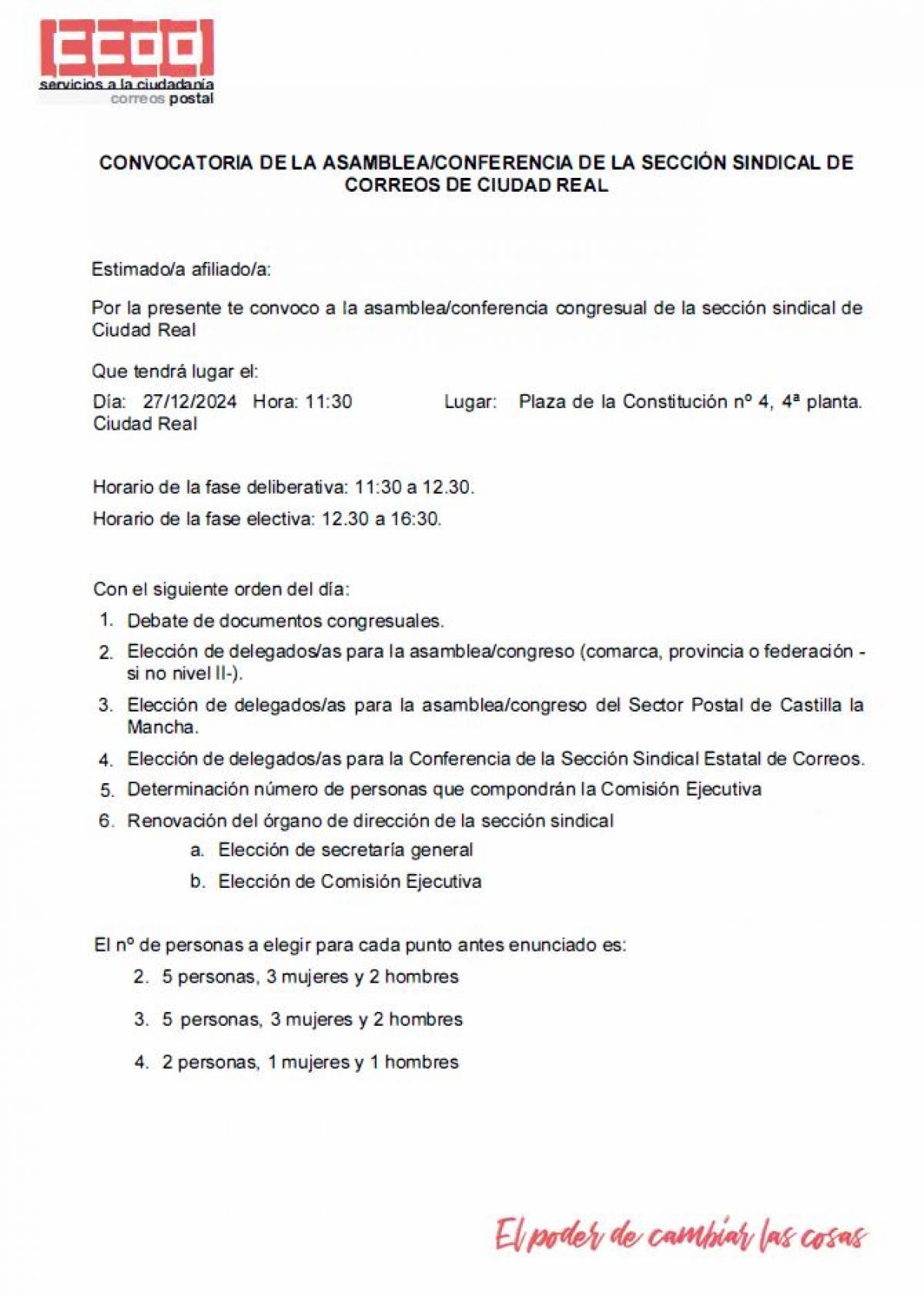 ASAMBLEAS/CONFERENCIA SECCIN SINDICAL CCOO-CORREOS CIUDAD REAL