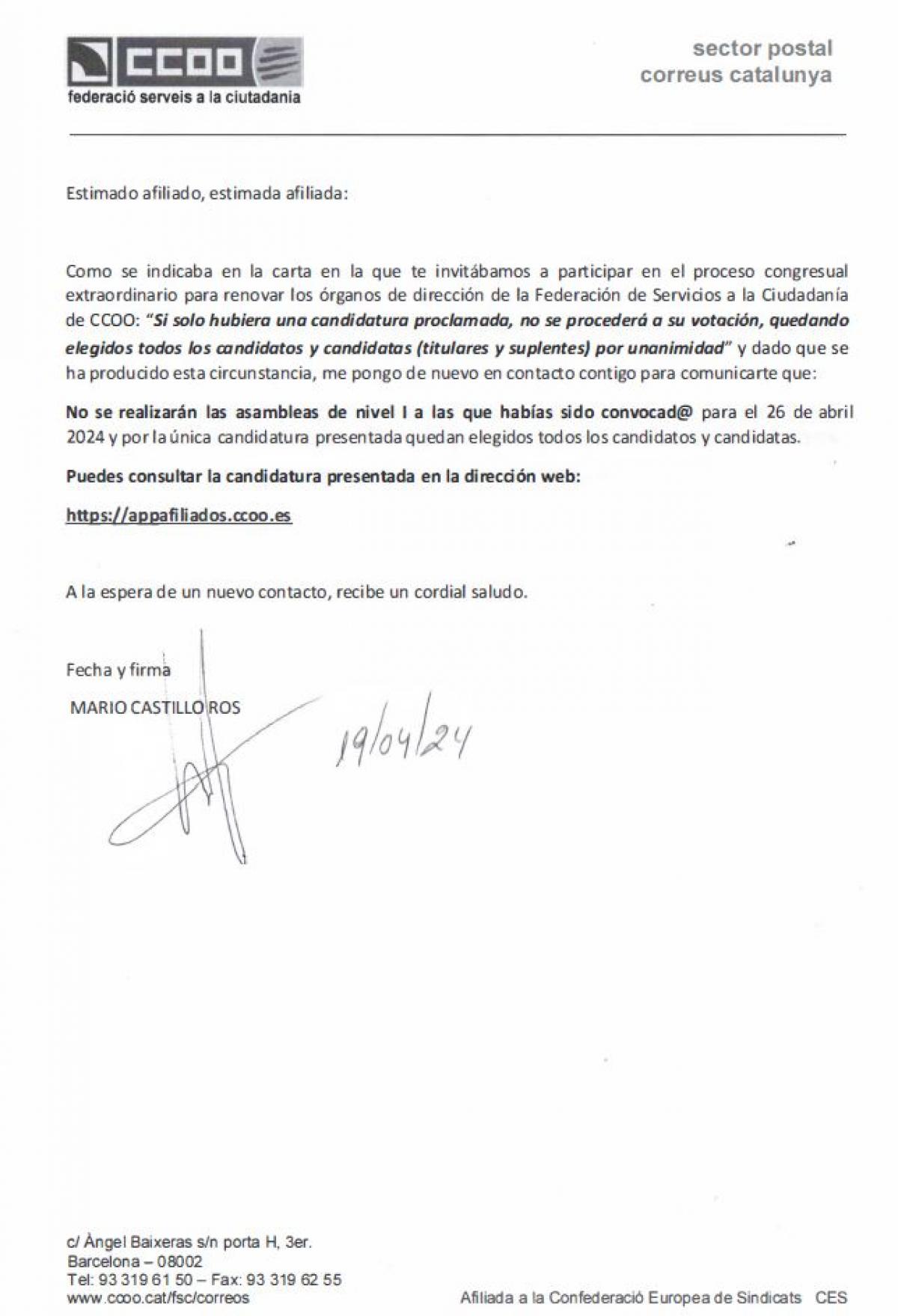 Proclamadas candidaturas Asamblea NI Seccin Sindical Girona