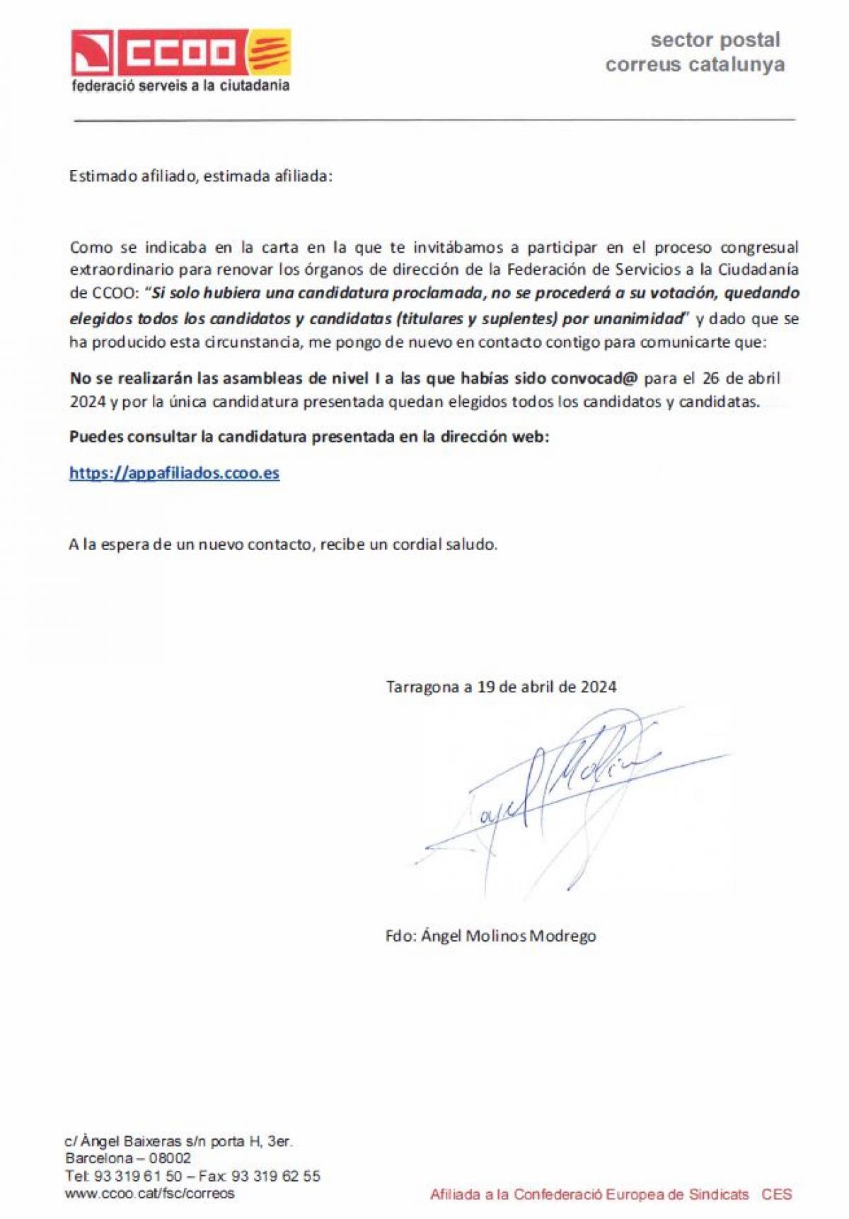 Proclamadas candidaturas Asamblea NI Seccin Sindical Tarragona